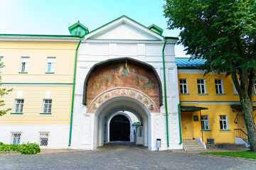 Sergiev Posad, Russia - August 18, 2020: Gate with frescoes. Holy Trinity Sergius Lavra