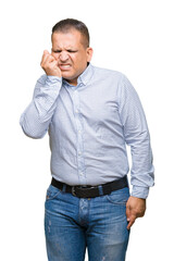 Fototapeta premium Middle age arab business man over isolated background looking stressed and nervous with hands on mouth biting nails. Anxiety problem.