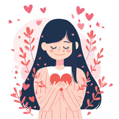 happy girl with heart in hands. valentine day vector illustration isolated on white background. flat design.