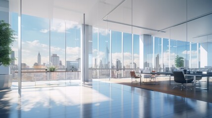 A blurred, spacious view inside a light-filled office corridor, with expansive windows offering panoramic views and a natural sense of perspective. modern office building