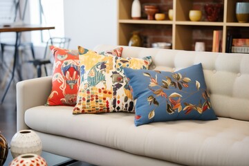 variety of designer pillows on store couch