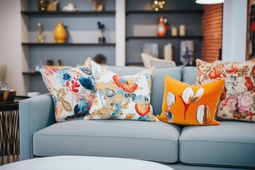 variety of designer pillows on store couch