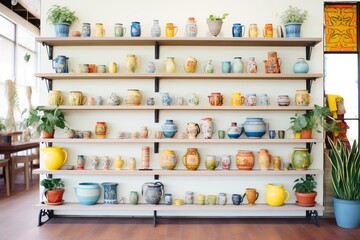 shelves lined with colorful vases and plant pots - obrazy, fototapety, plakaty