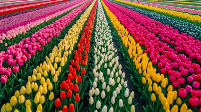 Сolorful tulip fields, top aerial view