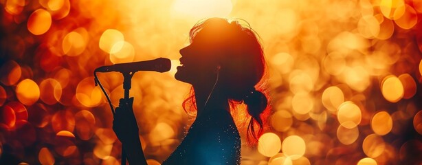 Silhouette of girl singing on stage very beautiful bokeh background as concept of entertaining challenge singing contest 