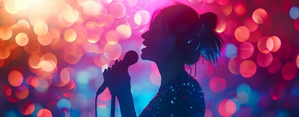 Silhouette of girl singing on stage very beautiful bokeh background as concept of entertaining challenge singing contest  - obrazy, fototapety, plakaty