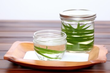 aloe vera leaves and gel in a transparent container