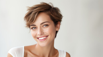Portrait of a beautiful, sexy smiling Caucasian woman with perfect skin and short haircut, on a gray background.