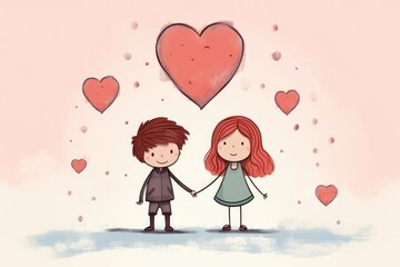 Valentine's Day card. drawn in a simple style. a boy and a girl. There is a heart drawn between them