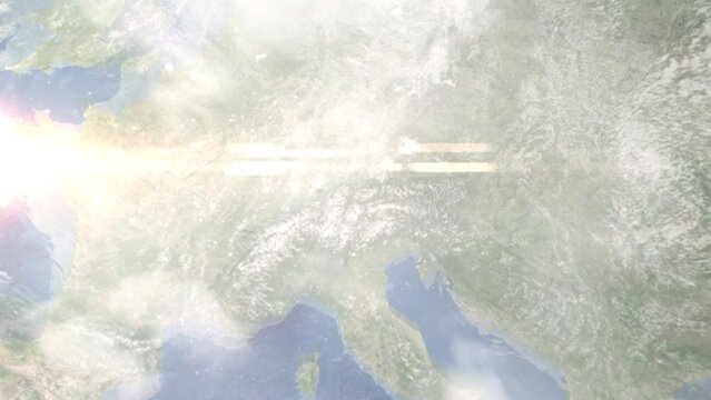 Zoom in from space and focus on Telfs, Austria. 3D Animation. Background for travel intro. Elements of this image furnished by NASA.