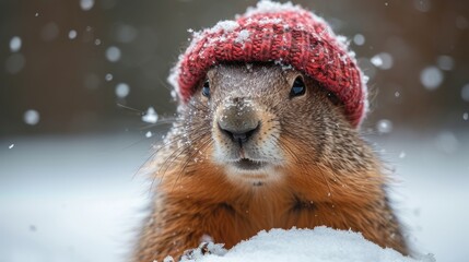 Groundhog wearing winter knitted hat laying on the snow and snow falling down - obrazy, fototapety, plakaty