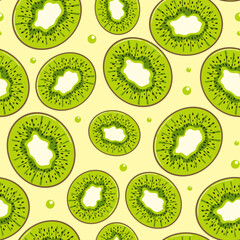 Kiwi summer seamless pattern in minimalistic style. Tropical exotic fruits, leaves. Healthy food. For menu, cafe, wallpaper, fabric, wrapping, background.