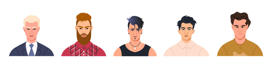 A set of avatars, portraits, and faces of modern men of different nationalities. Portraits of young people for a social media profile. Bright vector illustration in a flat style - obrazy, fototapety, plakaty