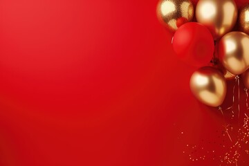 Golden and red balloon collection isolated on the red copyspace background. Helium inflatable balloon template for party and celebration. - obrazy, fototapety, plakaty