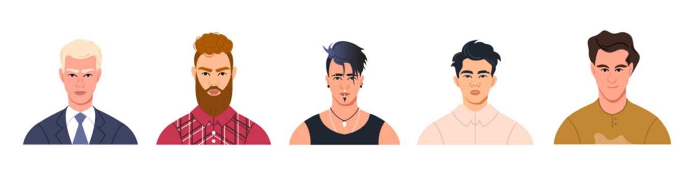 A set of avatars, portraits, and faces of modern men of different nationalities. Portraits of young people for a social media profile. Bright vector illustration in a flat style
