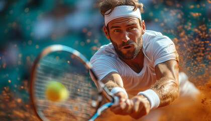 Large tennis. Portrait ot Male player with tenis racket in action running to the ball. - obrazy, fototapety, plakaty