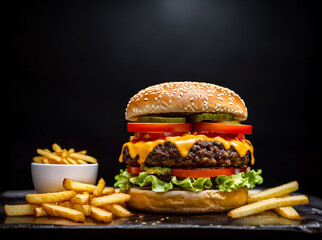 heeseburger hamburger and fries menu meal combo drink isolated on a dark background