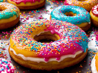 Colorful, frosted glazed donuts with fancy decoration