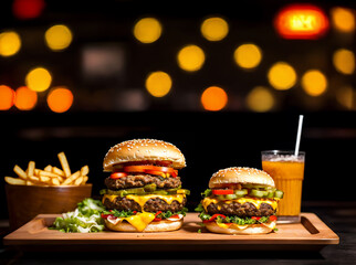 heeseburger hamburger and fries menu meal combo drink isolated on a dark background