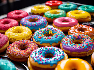 Colorful, frosted glazed donuts with fancy decoration