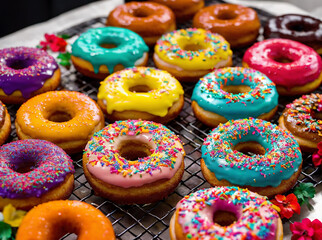 Colorful, frosted glazed donuts with fancy decoration
