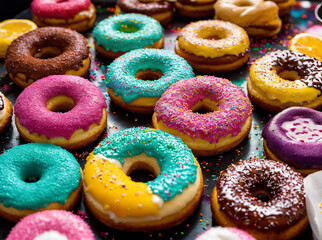 Colorful, frosted glazed donuts with fancy decoration