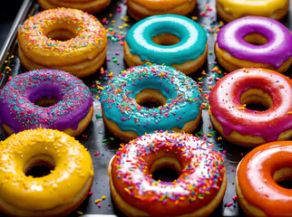 Colorful, frosted glazed donuts with fancy decoration