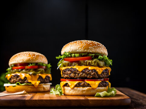 heeseburger hamburger and fries menu meal combo drink isolated on a dark background