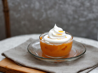 Delicious apricot dessert with whipped cream in glass on grey background