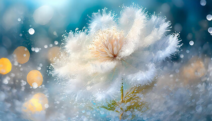 Beautiful fluffy flowers in bright pastel bold colors with feathers and pompons in dreamy landscape