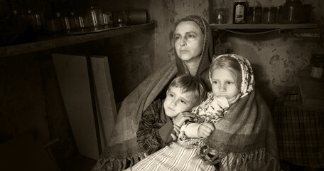 Kyiv. Ukraine. 26 April 2022. Bomber fight terror adult poor ill lady panic face sit wait help look...