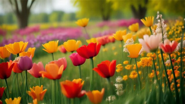 A colorful field of tulips in full bloom, reflecting the vibrancy of spring and the beauty of nature.

