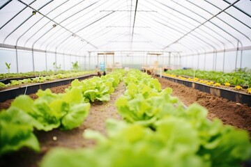 rows of lettuce growing in an aquaponic greenhouse