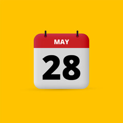 3D calendar date vector. Day of the month icon. Event date, schedule meeting appointment time. Reminder May 28