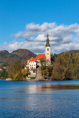 Picturesque view of church on an island at Lake Bled, Slovenia