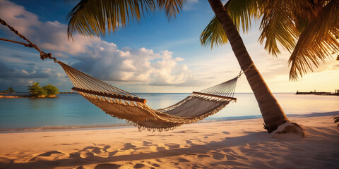 A tree swing chair on a palm tree with the turquoise beach on the back ground	
