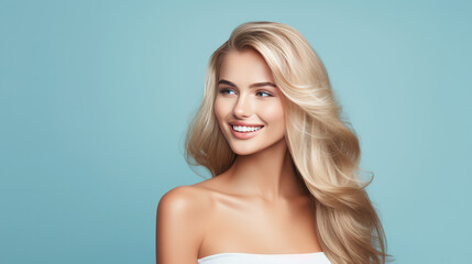 Obraz premium Portrait of a beautiful, sexy Caucasian woman with perfect skin and white long hair, on a light blue background.
