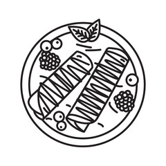 Sweet pancake rolls with berries on plate vector line icon for Bavarian Crepes Day on March 22. German pastry outline symbol.