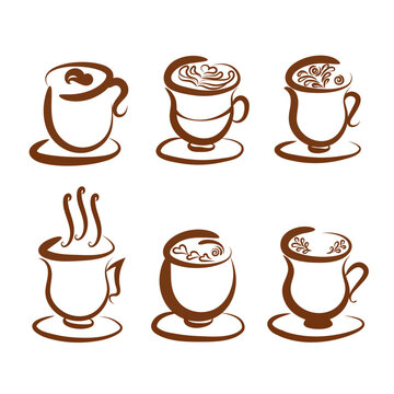 coffee cups set, abstract latte art, simple line design