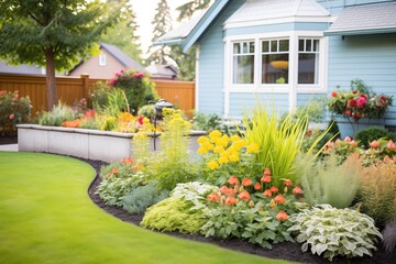 neatly edged garden beds with a variety of shrubs and flowers