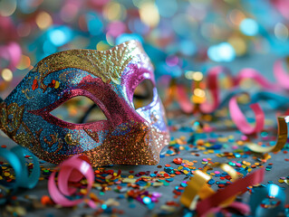 Beautiful carnival mask on bright shiny colored background, tinsel, sequins, holiday, confetti. New Year's holidays, carnival, birthday. Photorealistic, background with bokeh effect. 