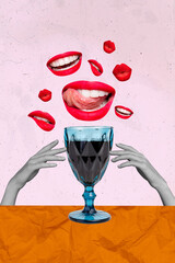 Picture collage image of sexy beautiful girl hands hold bocal red dry semi sweet wine isolated on drawing background