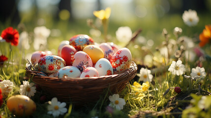 Easter Banner: Colorful Eggs in a Basket on Grass Amid Spring Flowers on a Sunny Day. Long Banner Format