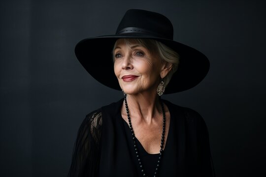 Portrait of a beautiful senior woman wearing hat and black dress.