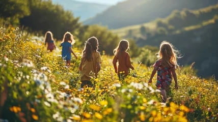 Tischdecke Group of happy preschool children playing on field on mountains © Robert Kneschke