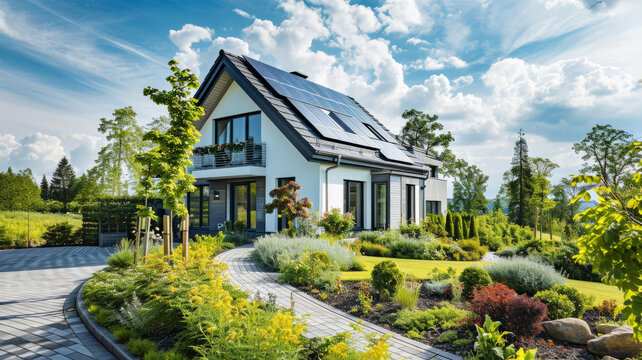 Modern house with green garden and solar panels on roof as sustainable renewable energy concept