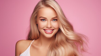 Portrait of a beautiful, sexy Caucasian woman with perfect skin and white long hair, on a pink background.