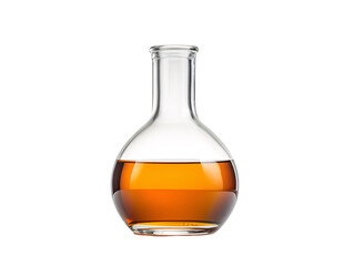 a glass flask with brown liquid