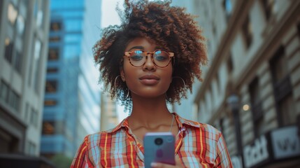 Close up of happy beautiful African American girl texting on mobile phone while standing outdoor. - obrazy, fototapety, plakaty