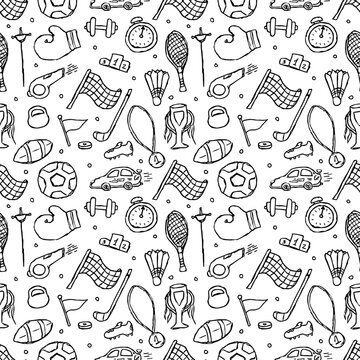Seamless sport pattern. Doodle illustration with sport icons. background with sports equipment